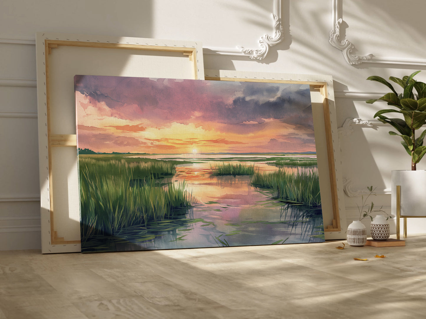 Marsh Sunset Wrapped Canvas — Pastel Landscape Wall Art | Serene Coastal Nature Décor