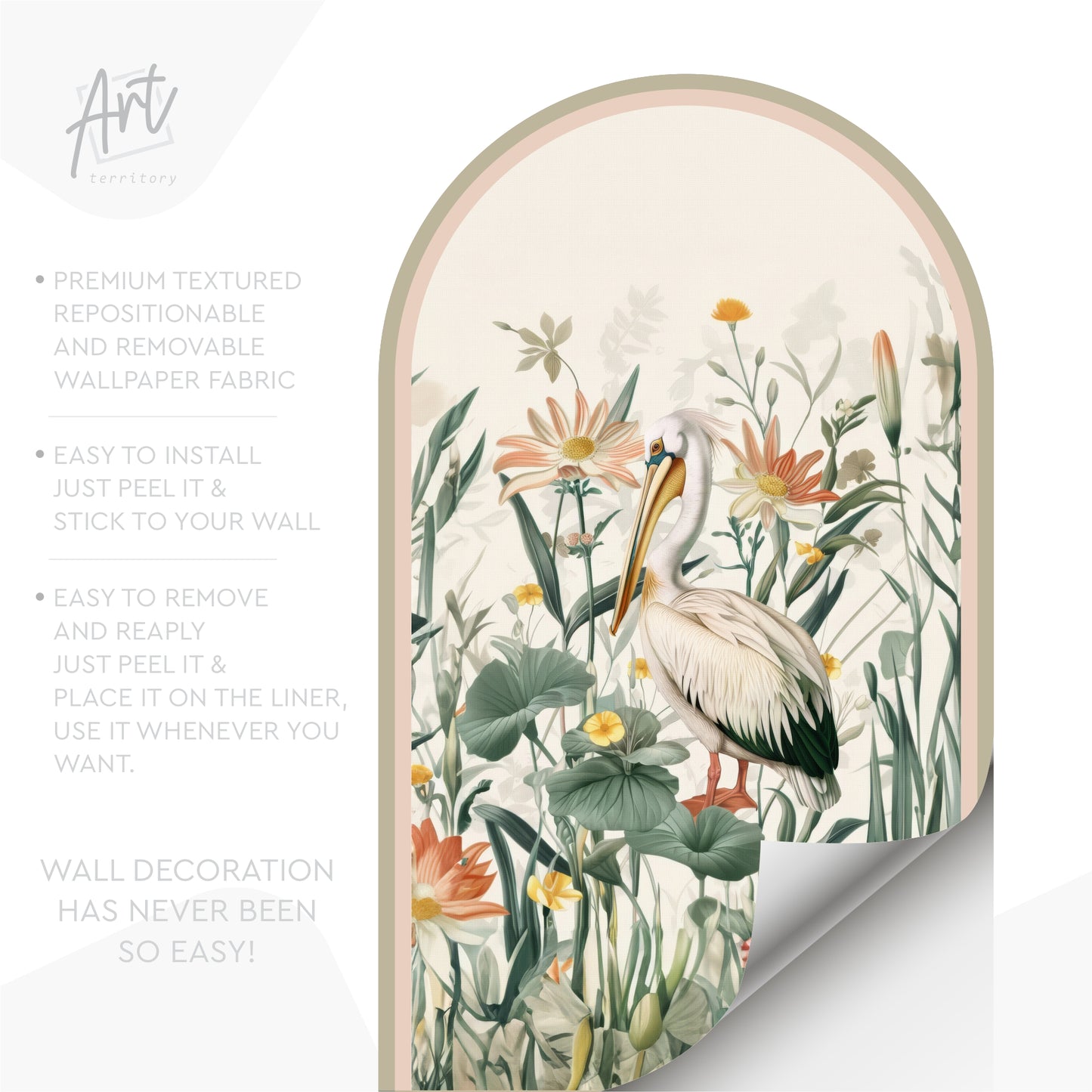 Pelican Botanical Peel & Stick Wallpaper – Removable Mural, Botanical Floral Wall Decal, Nursery & Bedroom Accent Wall