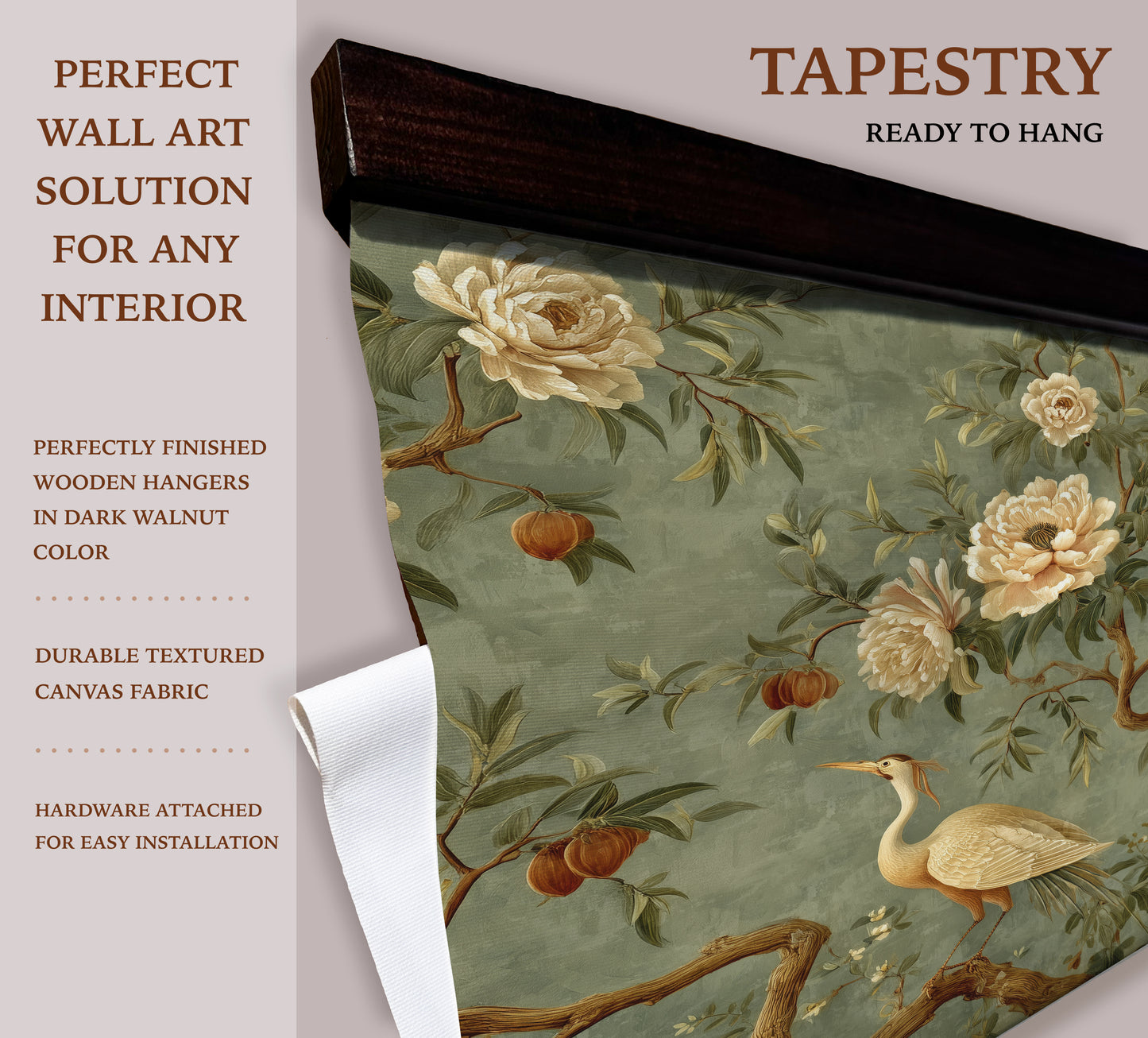 Vintage Chinoiserie Tapestry Wall Art – Sage Green Peony & Bird Design with Wooden Hangers | Art Muse