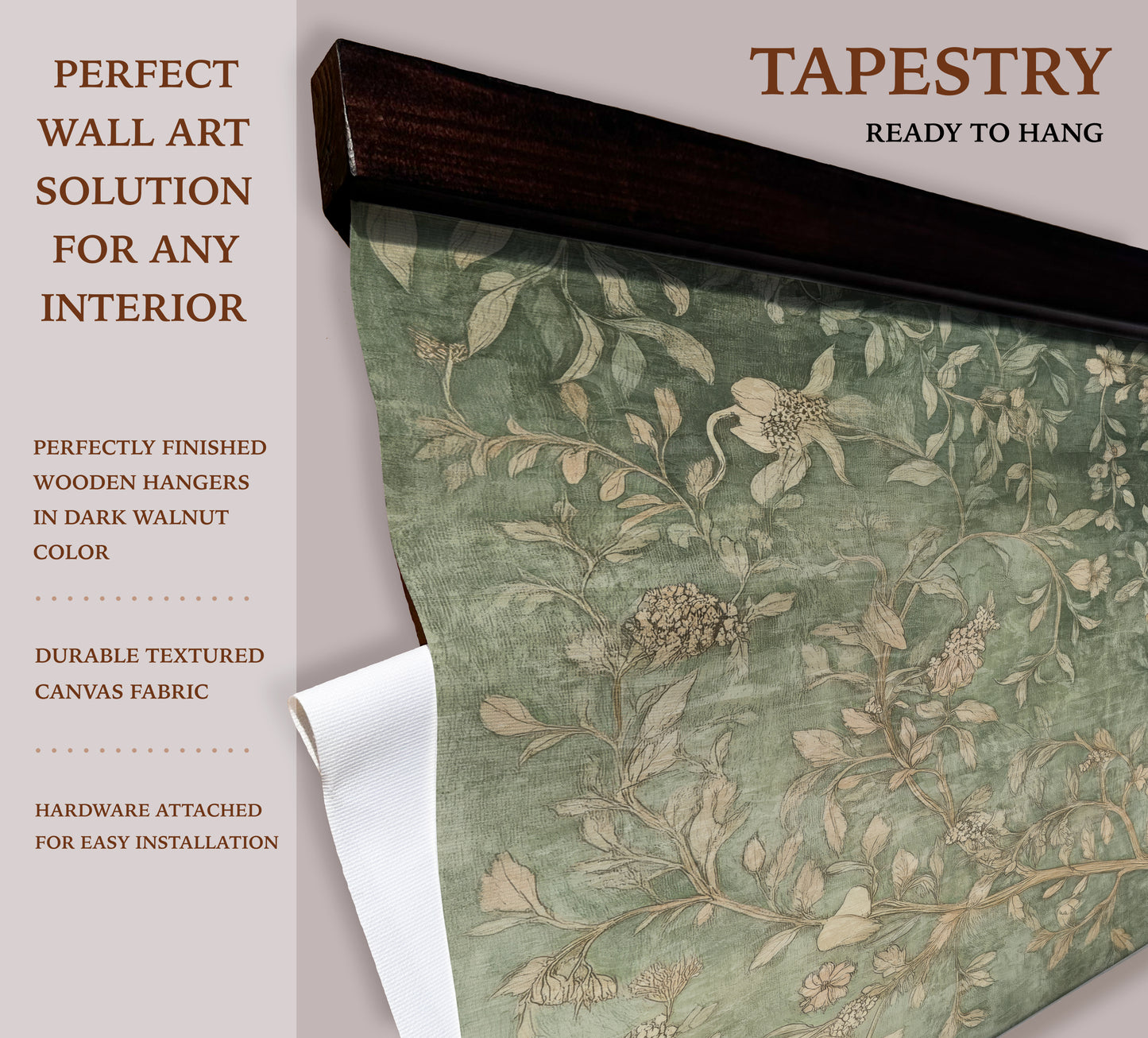 Sage Green Botanical Tapestry Wall Art – Vintage Floral Tree Design with Wooden Hangers | Art Muse