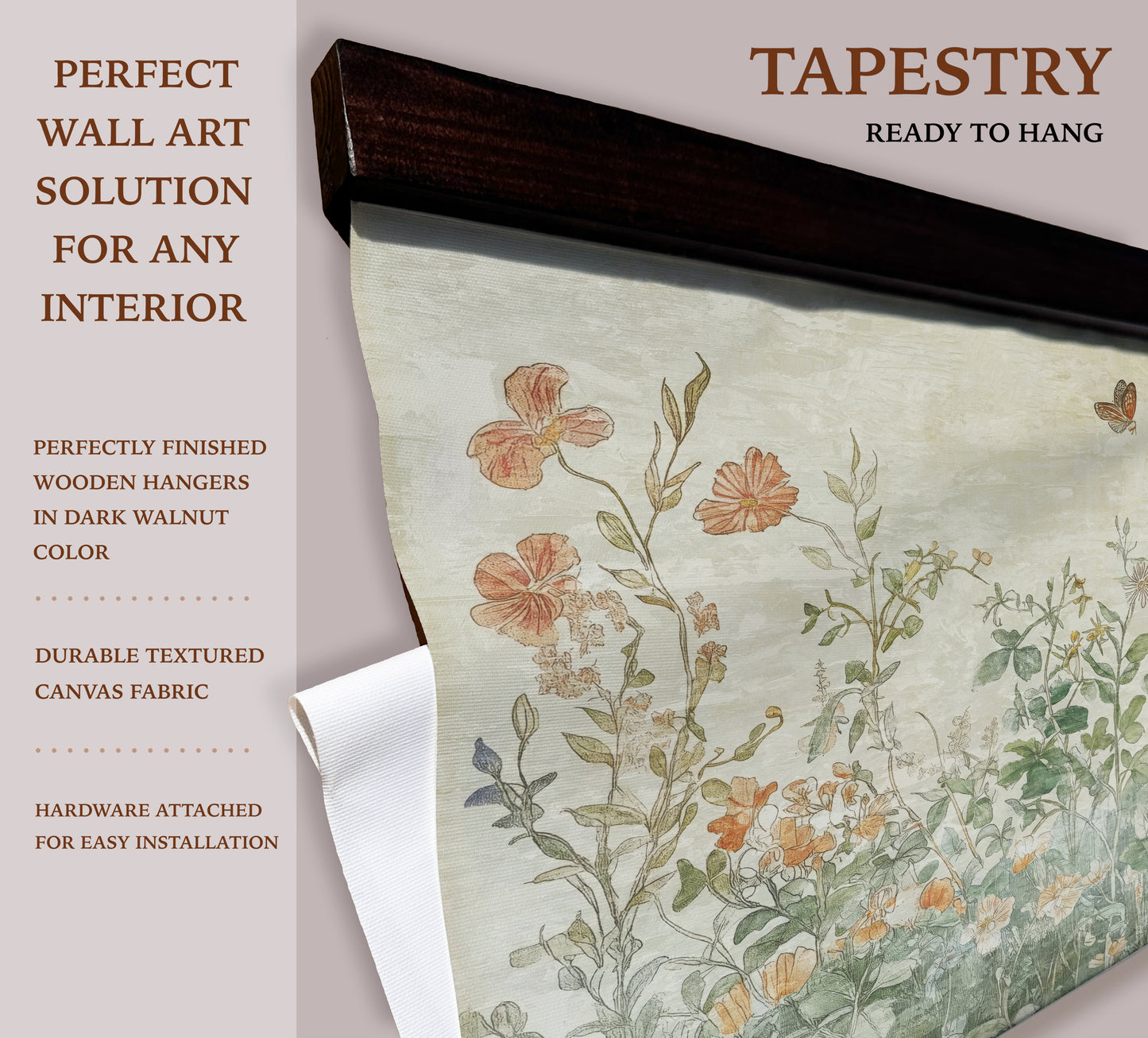 Wildflower Garden Tapestry Wall Art – Soft Botanical Design with Wooden Hangers | Art Muse