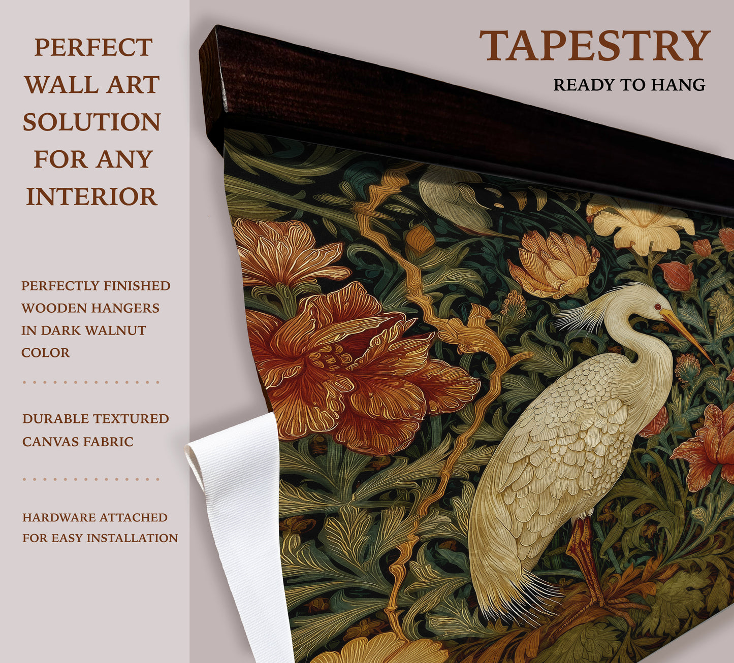 William Morris Style Tapestry Wall Art – Heron & Vintage Floral Botanical Design with Wooden Hangers | Art Muse