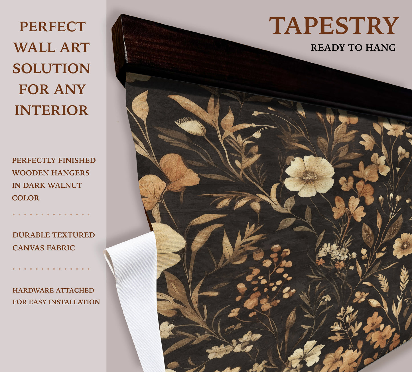 Vintage Floral Tapestry Wall Art – Dark Botanical William Morris Style with Wooden Hangers | Art Muse