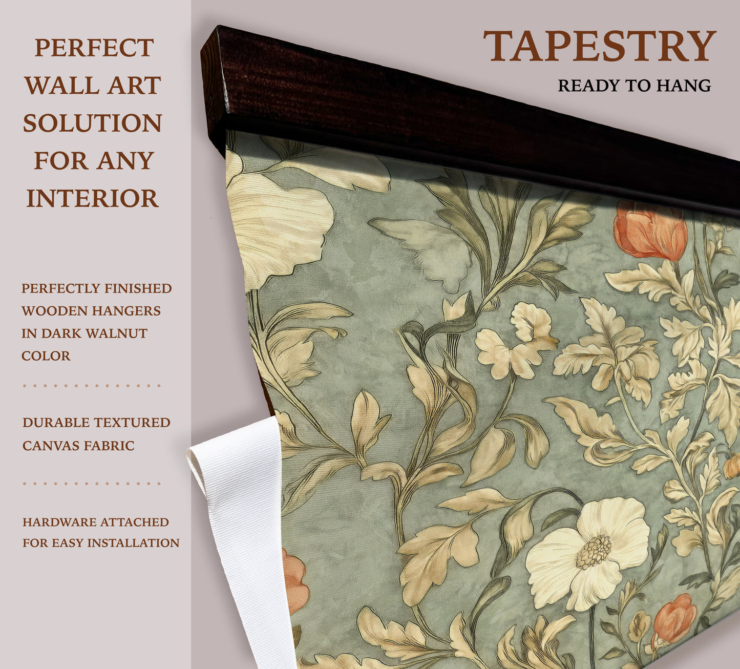 William Morris Vintage Floral Tapestry Wall Art – Sage & Terracotta Botanical Design with Wooden Hangers | Art Muse