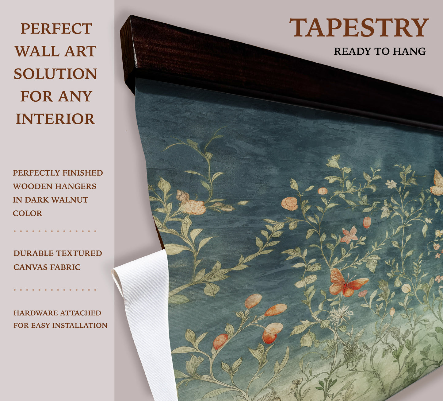 Butterfly Meadow Tapestry Wall Art – Blue & Sage Botanical Design with Wooden Hangers | Art Muse