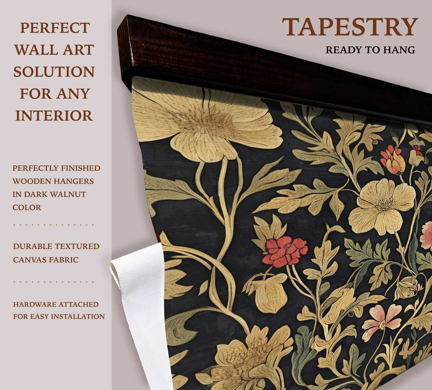 William Morris Style Tapestry Wall Art – Vintage Botanical Floral Design with Wooden Hangers | Art Muse