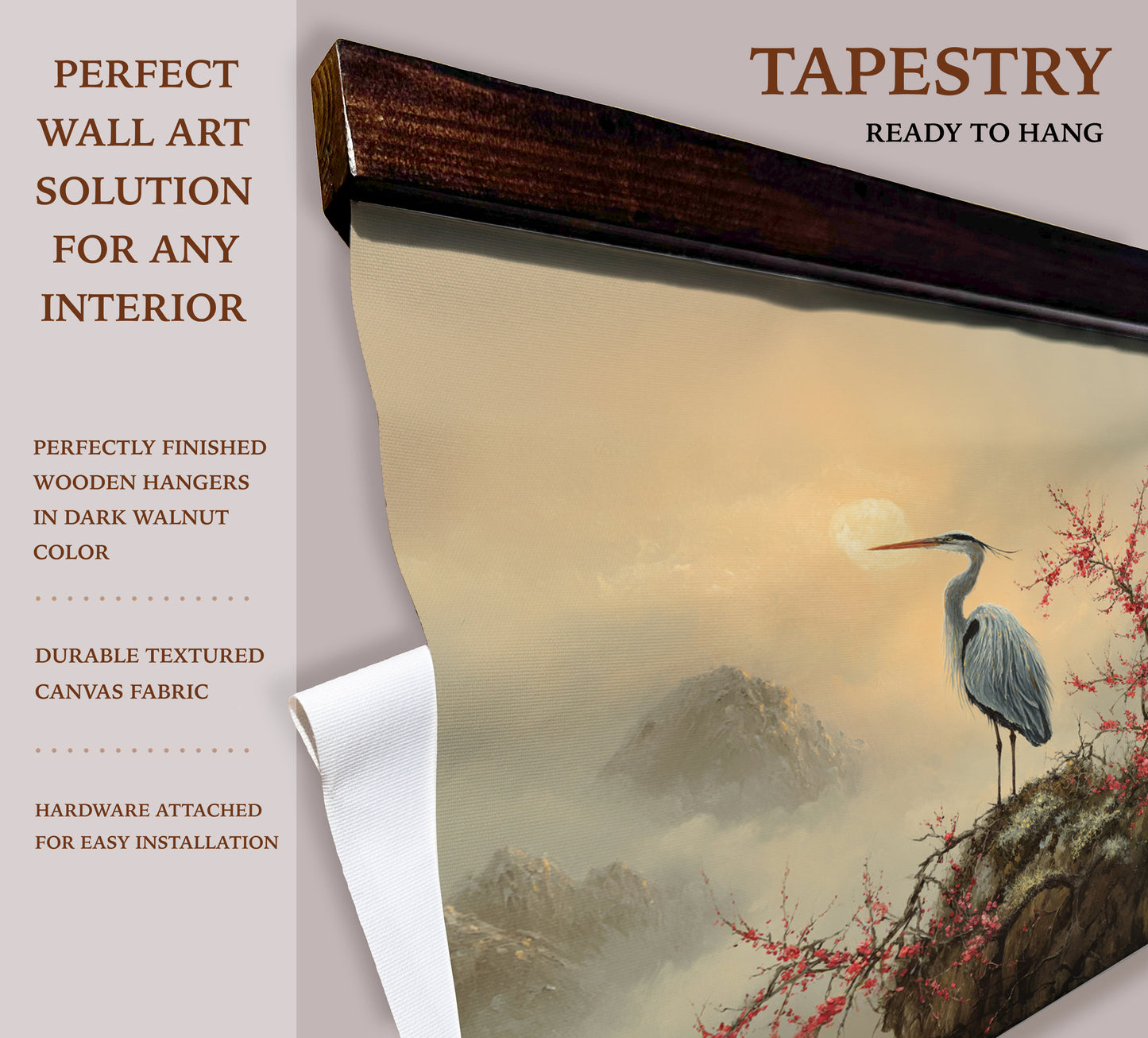 Heron and Sunrise Wall Art – Asian Landscape Tapestry | Art Muse