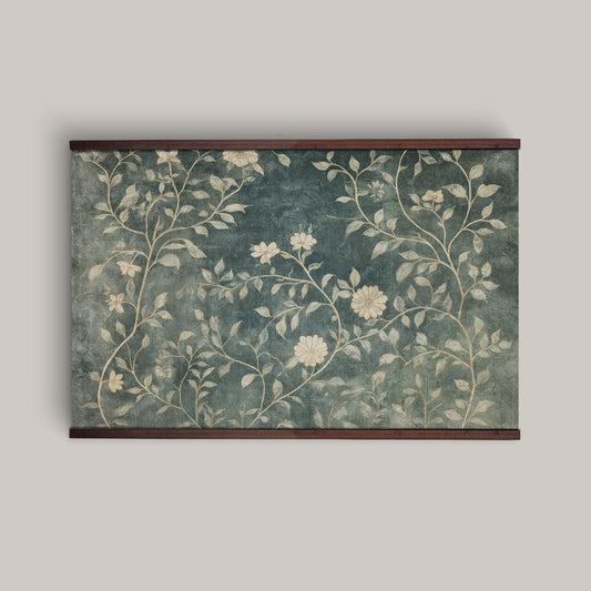 Vintage Teal Floral Wall Art – Botanical Tapestry with Cream Blooms | Art Muse