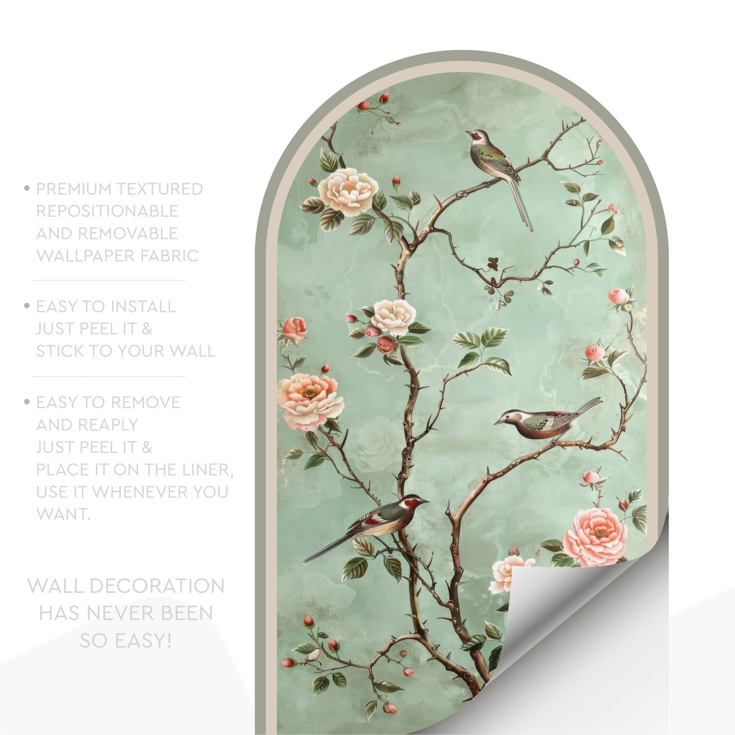 Chinoiserie Floral Bird Peel & Stick Arch Wallpaper – Removable Botanical Wall Mural