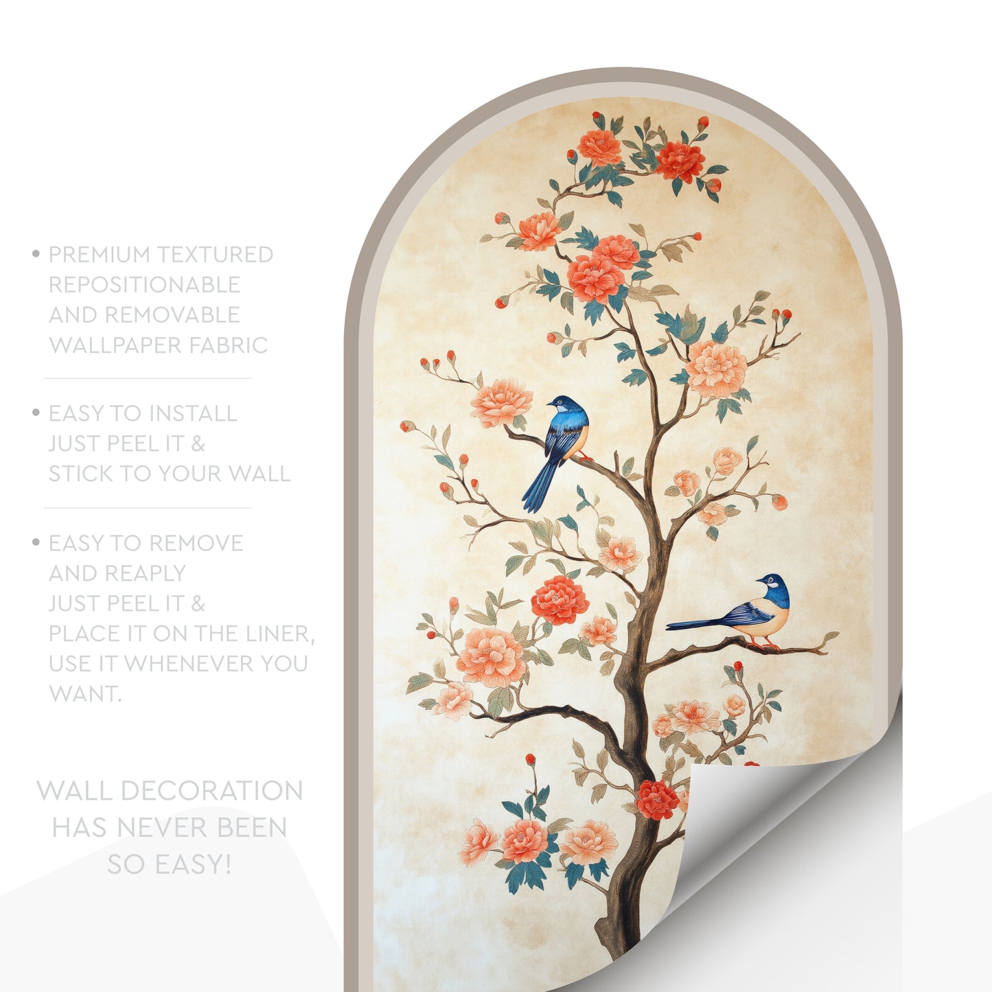 Chinoiserie Floral Tree Peel & Stick Arch Wallpaper – Removable Bird Wall Mural