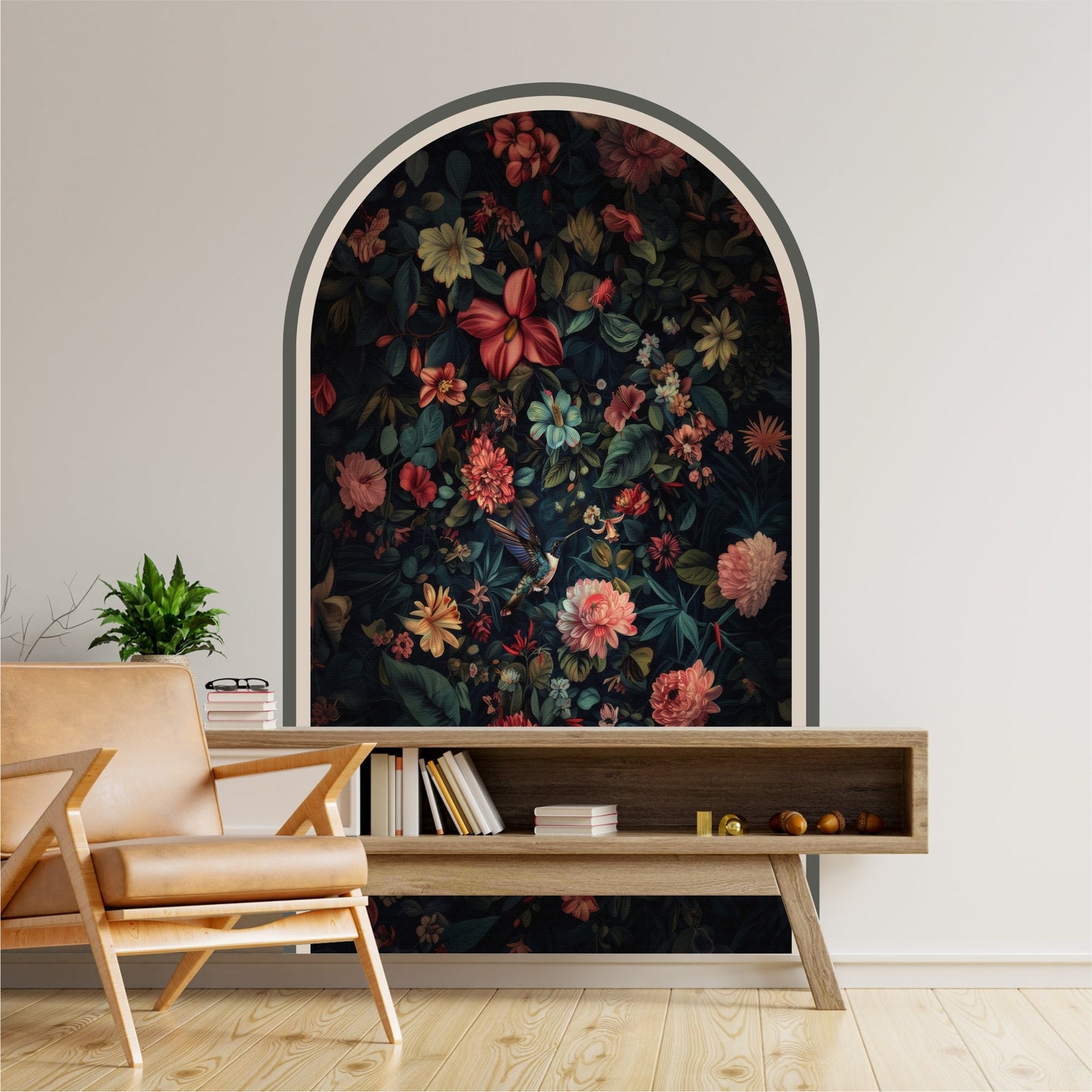 Dark Botanical Floral Peel & Stick Arch Wallpaper – Moody Removable Wall Mural