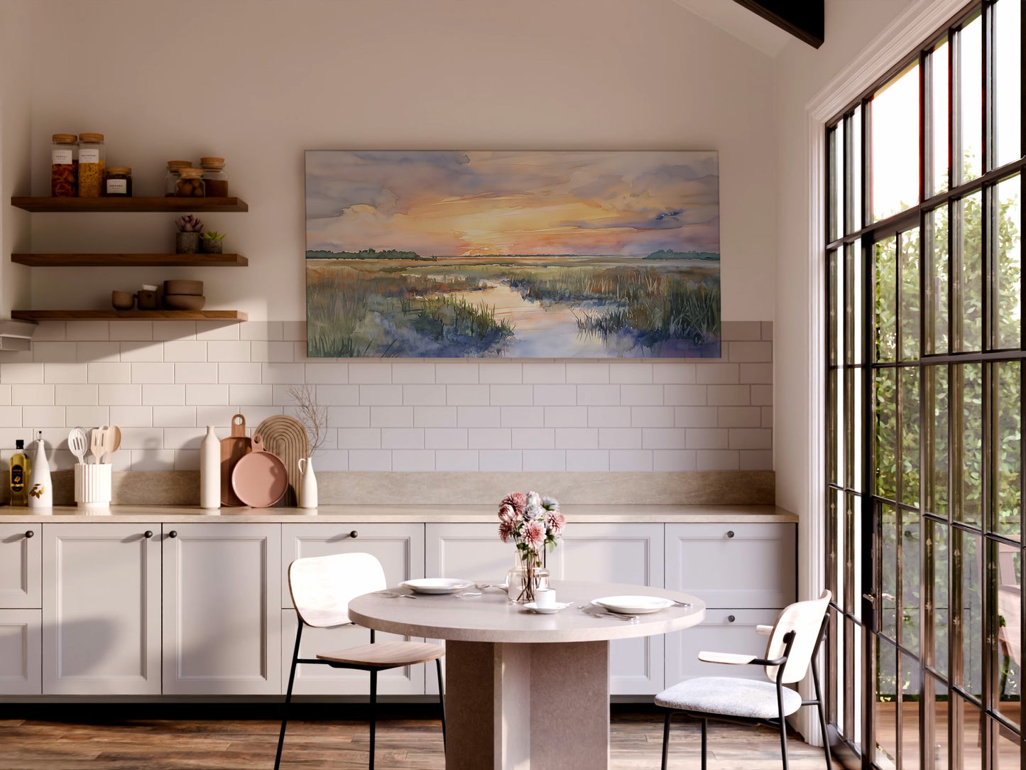 Watercolor Marsh Sunset Wrapped Canvas — Soft Coastal Landscape Wall Art | Serene Nature Décor