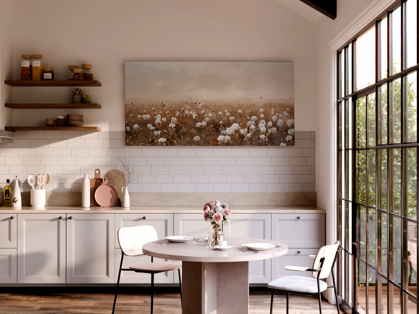 Cotton Field & Wildflower Wrapped Canvas - Nature Landscape Wall Art Décor