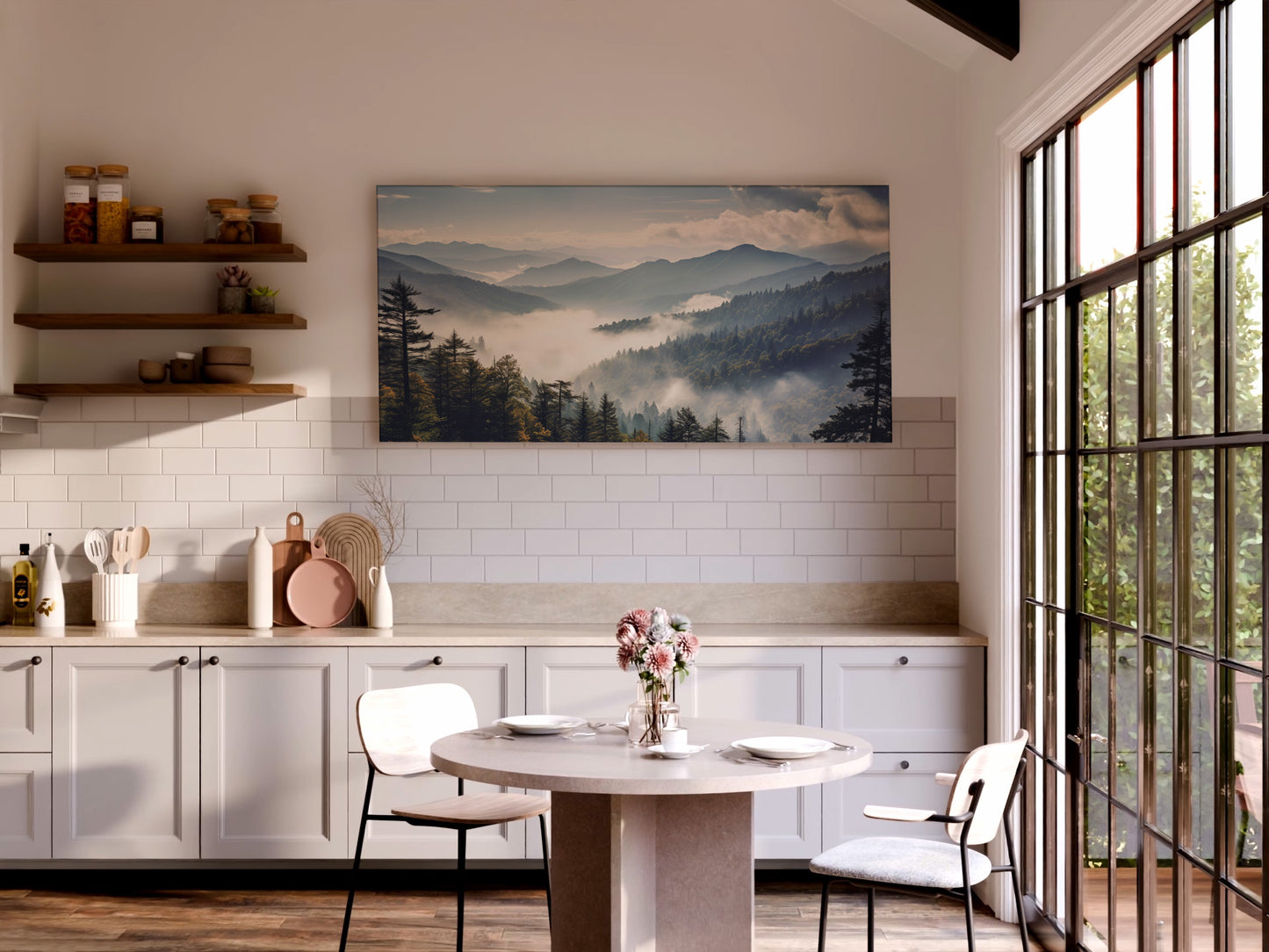 Misty Mountain Valley Wrapped Canvas — Serene Forest Landscape Wall Art | Calm Nature Décor