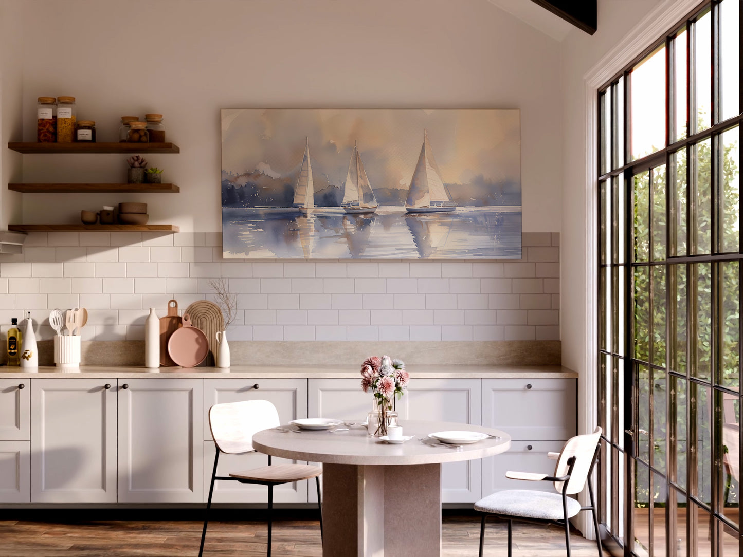 Sailboat Wrapped Canvas — Extra Large Coastal Watercolor Wall Art | Calm Nautical Décor