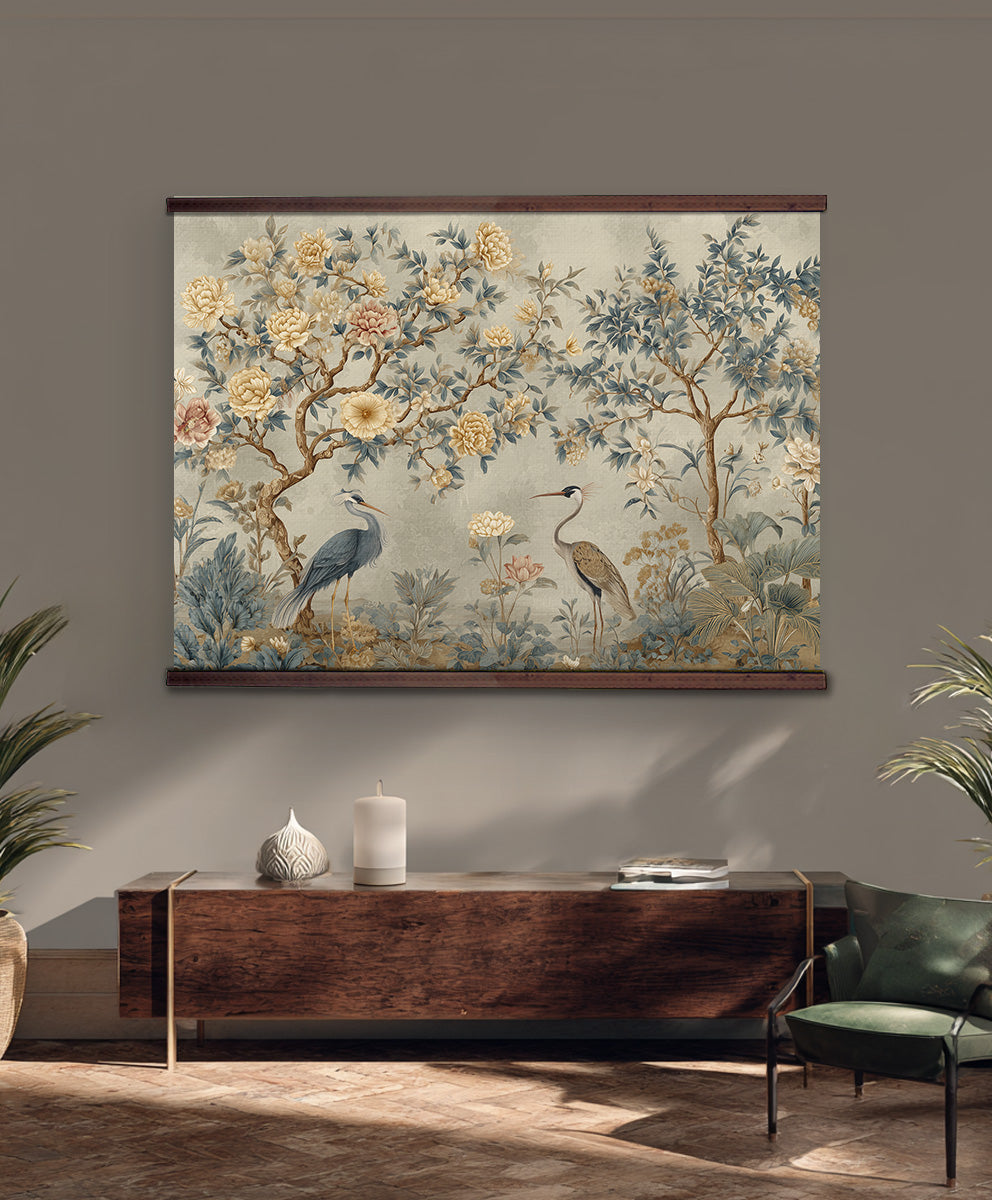 Chinoiserie Garden Wall Art – Herons and Peonies Tapestry | Art Muse