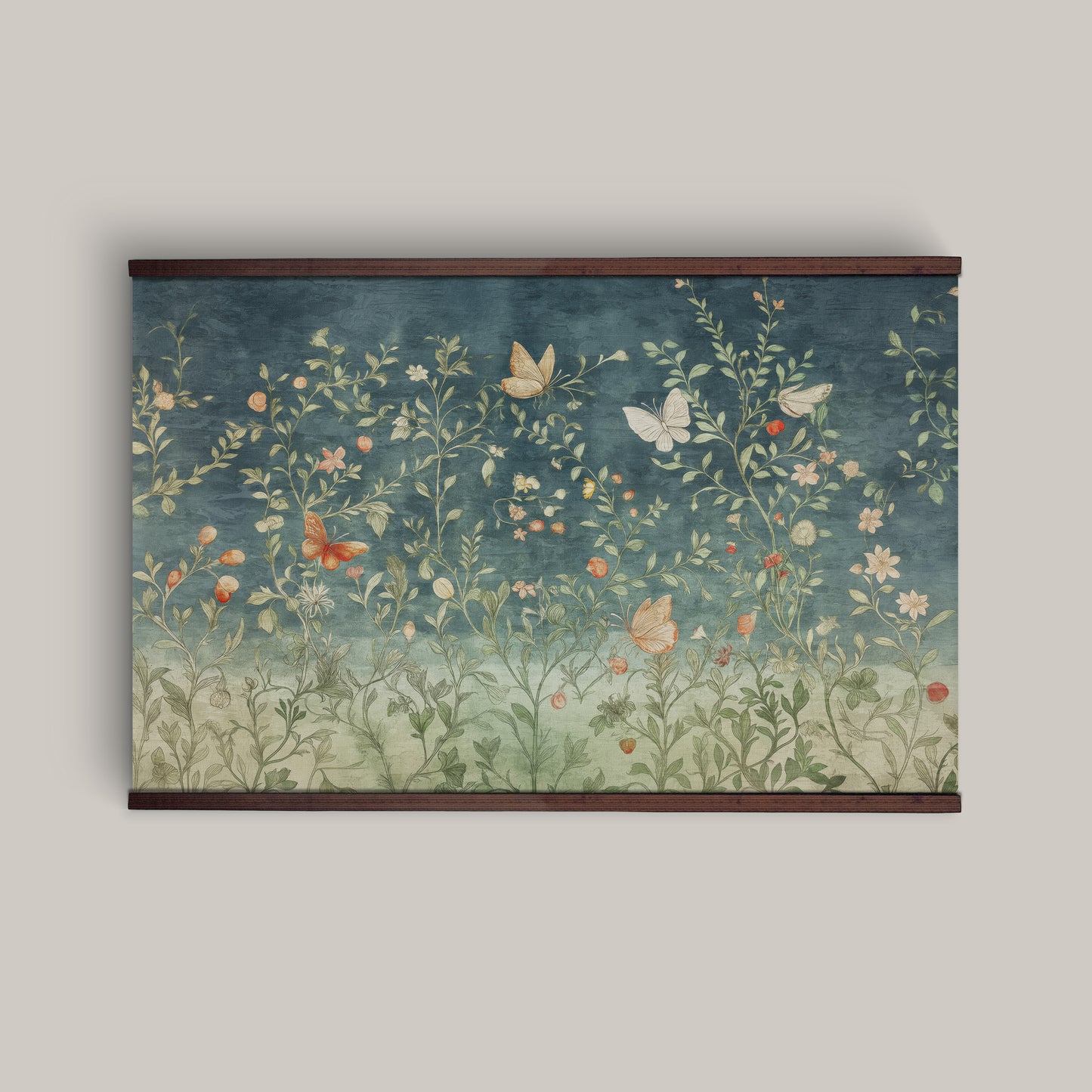 Butterfly Meadow Tapestry Wall Art – Blue & Sage Botanical Design with Wooden Hangers | Art Muse