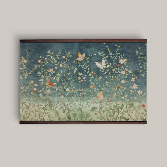 Butterfly Meadow Tapestry Wall Art – Blue & Sage Botanical Design with Wooden Hangers | Art Muse