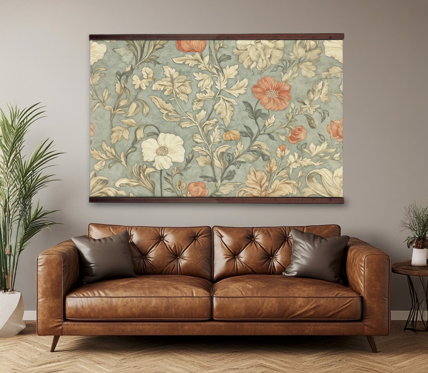 William Morris Vintage Floral Tapestry Wall Art – Sage & Terracotta Botanical Design with Wooden Hangers | Art Muse