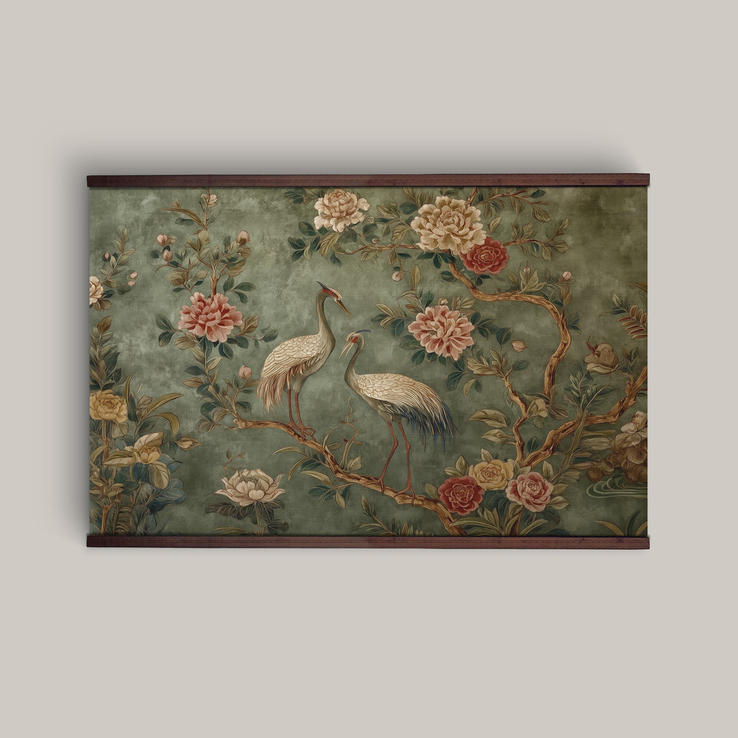 Vintage Crane & Peony Tapestry Wall Art – Sage Green Botanical Design with Wooden Hangers | Art Muse