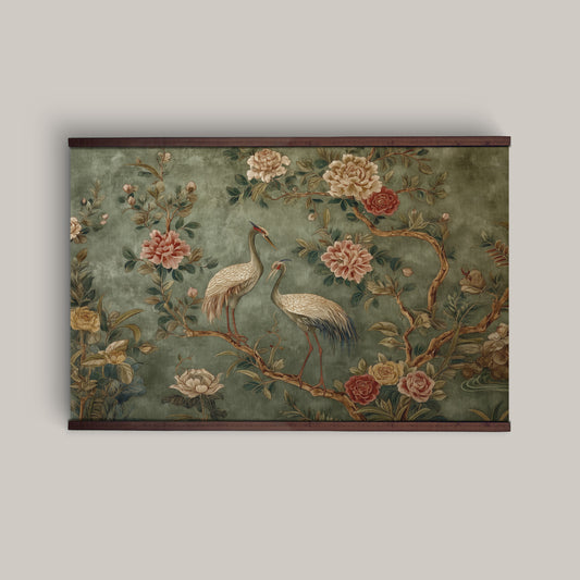 Vintage Crane & Peony Tapestry Wall Art – Sage Green Botanical Design with Wooden Hangers | Art Muse