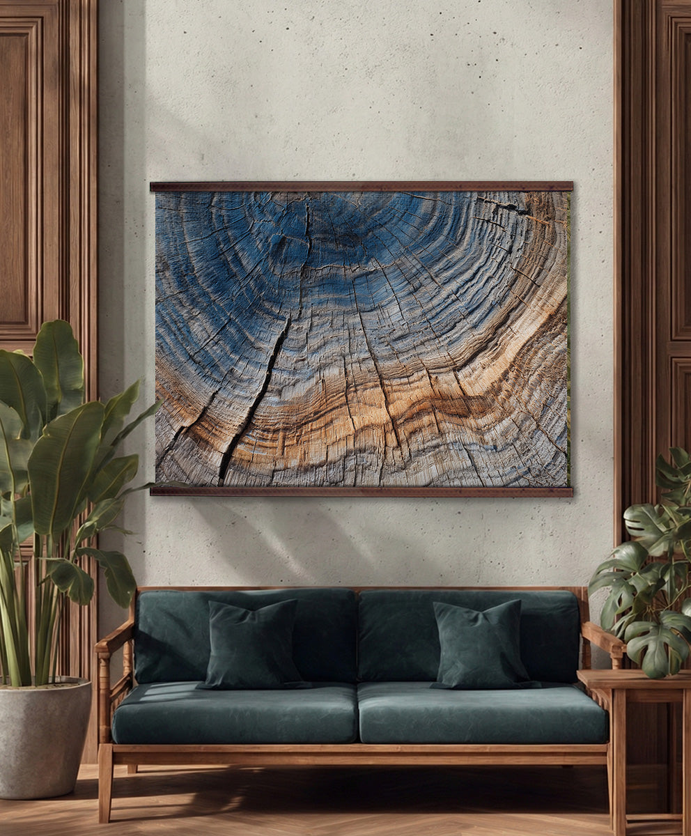 Abstract Tree Rings Wall Art – Blue & Earth Tones Wood Grain Nature Print