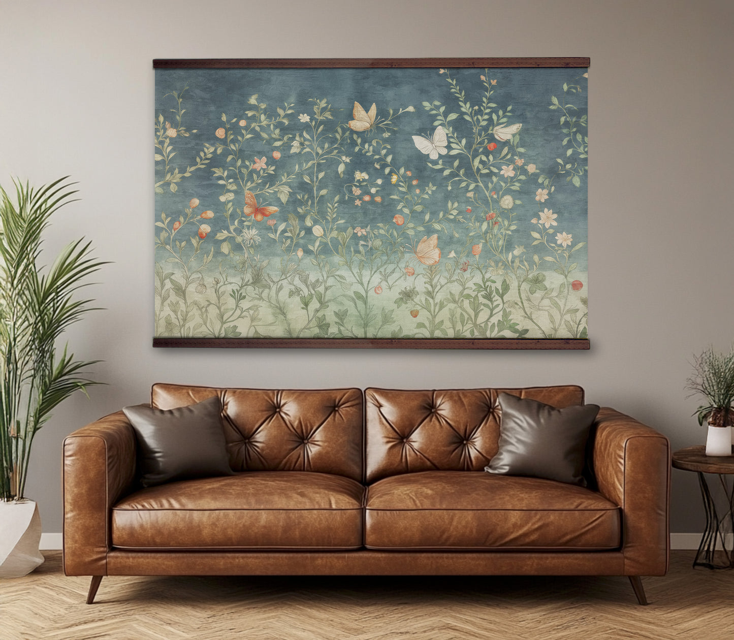 Butterfly Meadow Tapestry Wall Art – Blue & Sage Botanical Design with Wooden Hangers | Art Muse