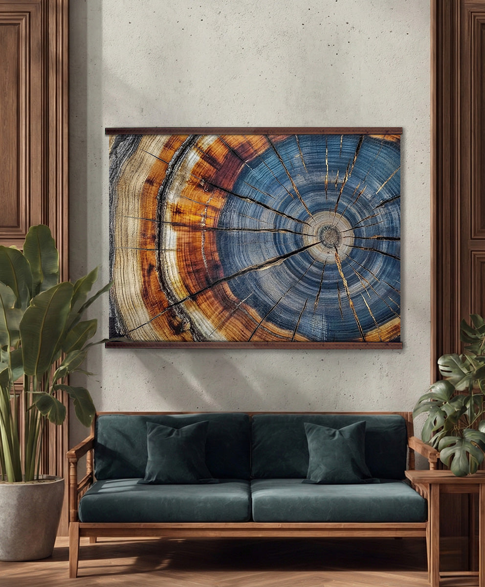 Tree Rings Wall Art – Blue & Amber Wood Grain Abstract Nature Print