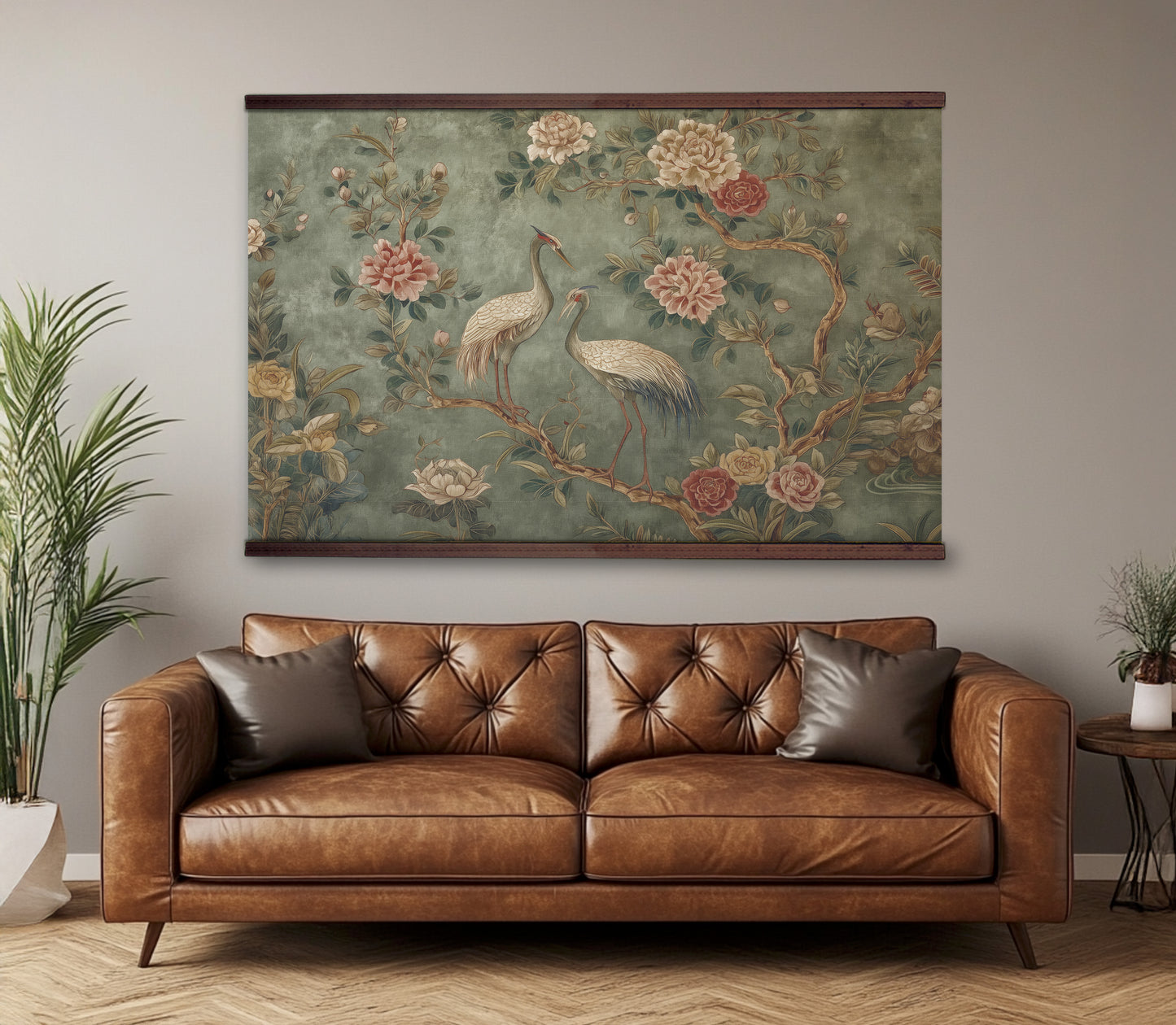Vintage Crane & Peony Tapestry Wall Art – Sage Green Botanical Design with Wooden Hangers | Art Muse