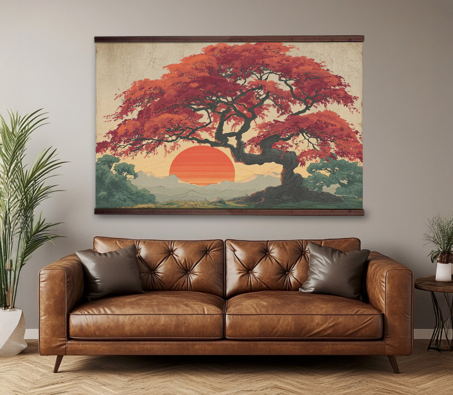 Red Maple Sunset Wall Hanging — Extra Large Japanese-Style Tapestry | Ready to Hang