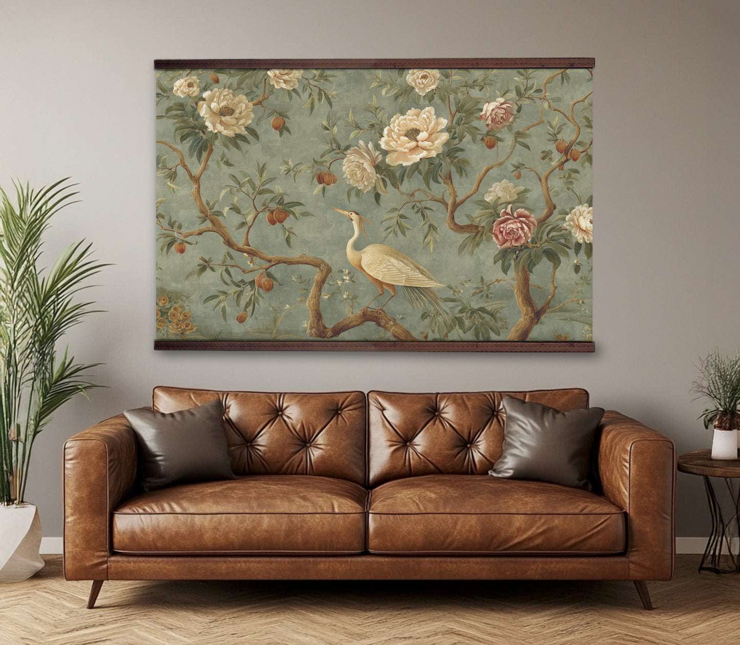 Vintage Chinoiserie Tapestry Wall Art – Sage Green Peony & Bird Design with Wooden Hangers | Art Muse