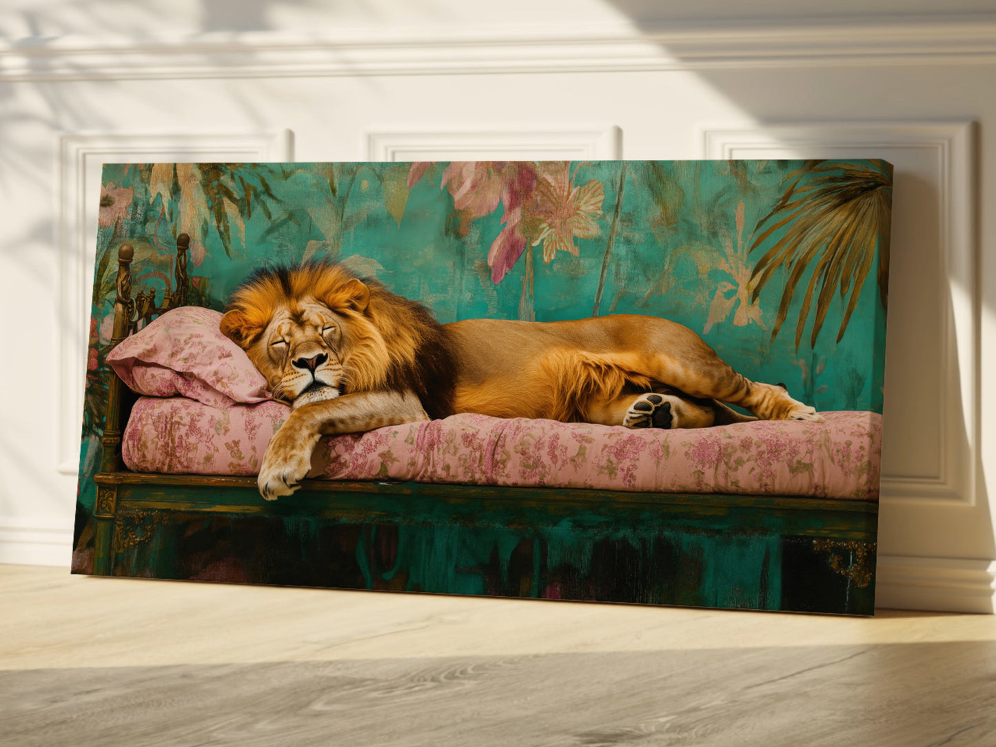 Sleeping Lion Wrapped Canvas — Regal Animal Art | Maximalist Jungle Interior Décor