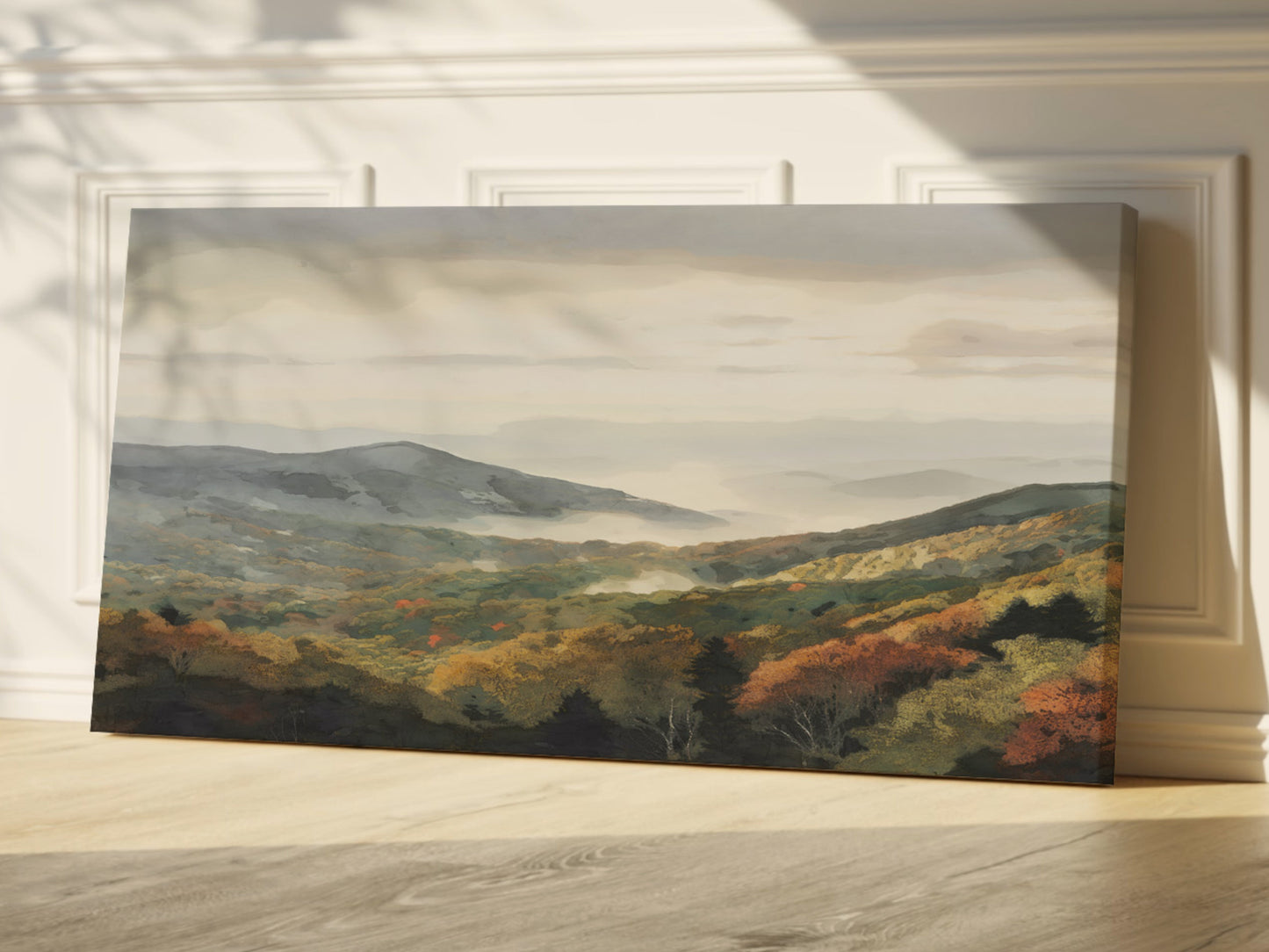 Blue Ridge Mountains Wrapped Canvas — Misty Autumn Landscape Wall Art | Cozy Nature Décor