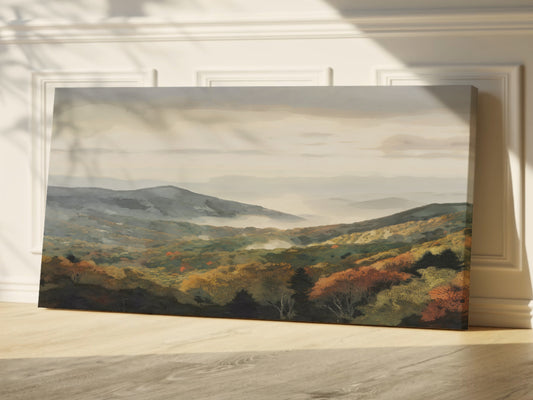 Blue Ridge Mountains Wrapped Canvas — Misty Autumn Landscape Wall Art | Cozy Nature Décor