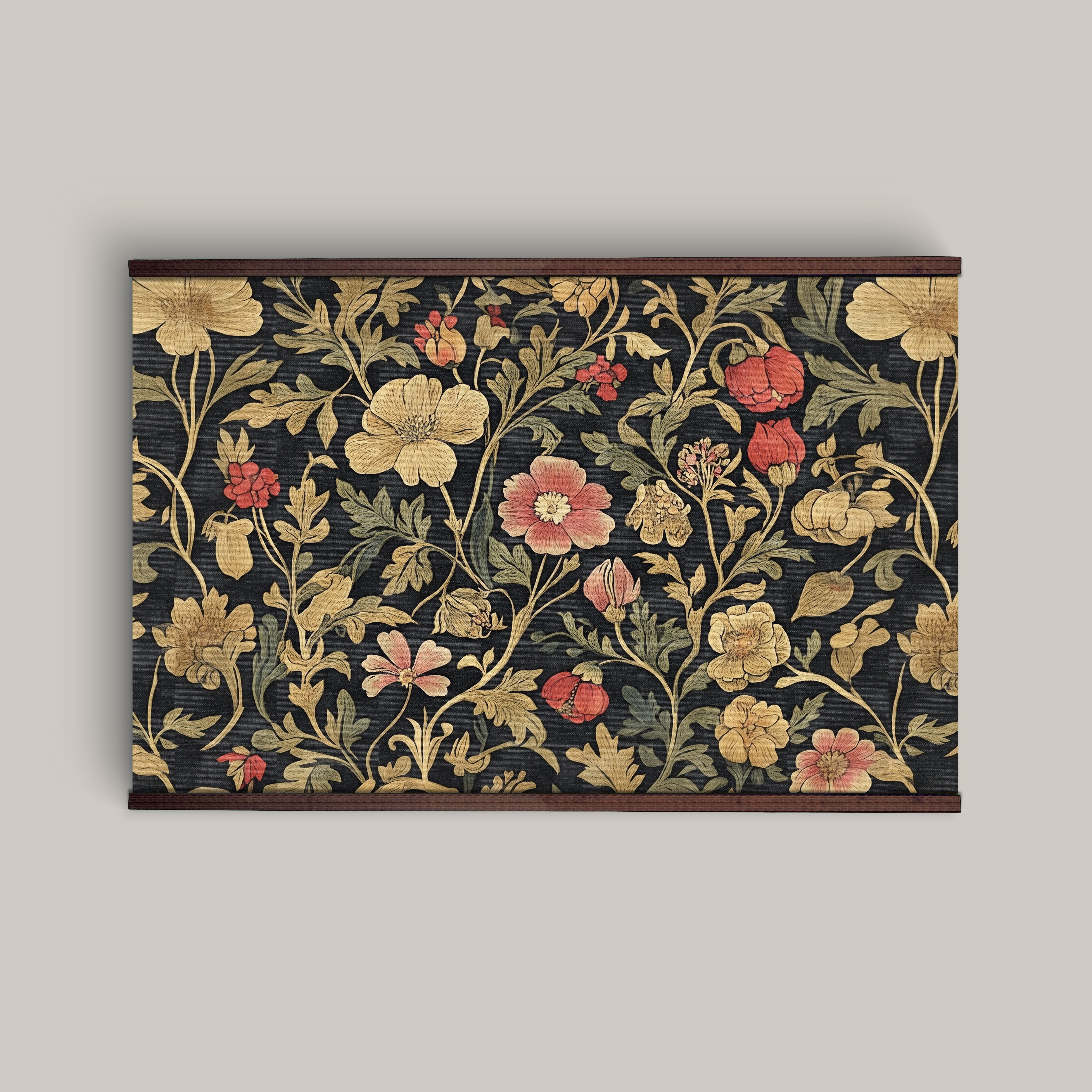 William Morris Style Tapestry Wall Art – Vintage Botanical Floral Design with Wooden Hangers | Art Muse