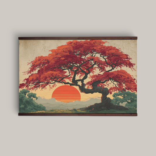 Red Maple Sunset Wall Hanging — Extra Large Japanese-Style Tapestry | Ready to Hang