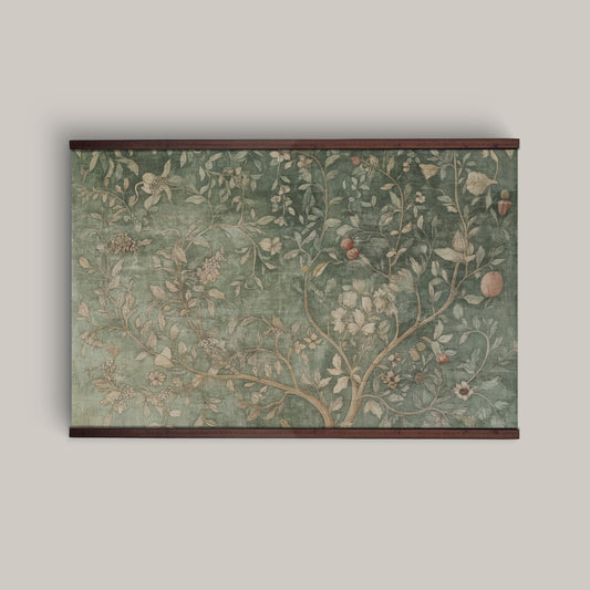 Sage Green Botanical Tapestry Wall Art – Vintage Floral Tree Design with Wooden Hangers | Art Muse