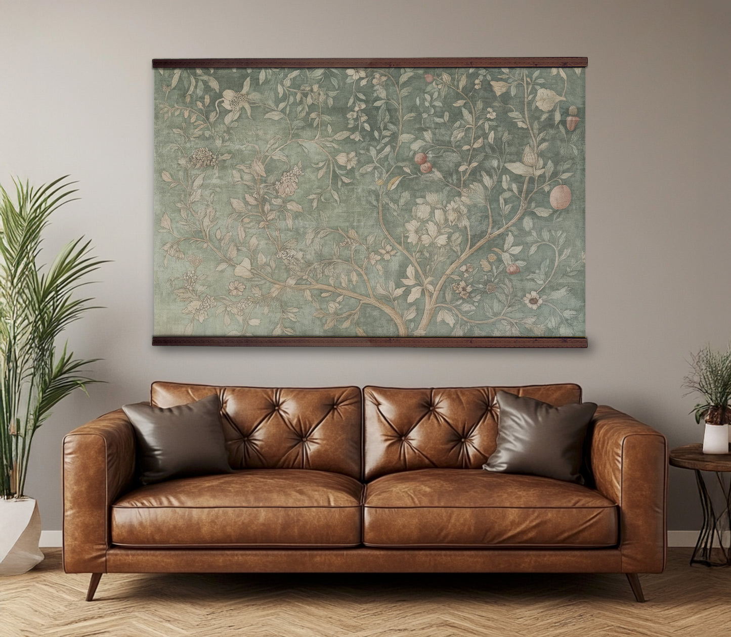 Sage Green Botanical Tapestry Wall Art – Vintage Floral Tree Design with Wooden Hangers | Art Muse