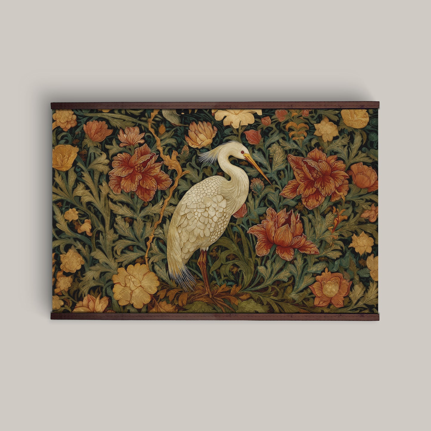 William Morris Style Tapestry Wall Art – Heron & Vintage Floral Botanical Design with Wooden Hangers | Art Muse