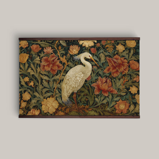 William Morris Style Tapestry Wall Art – Heron & Vintage Floral Botanical Design with Wooden Hangers | Art Muse