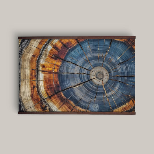 Tree Rings Wall Art – Blue & Amber Wood Grain Abstract Nature Print