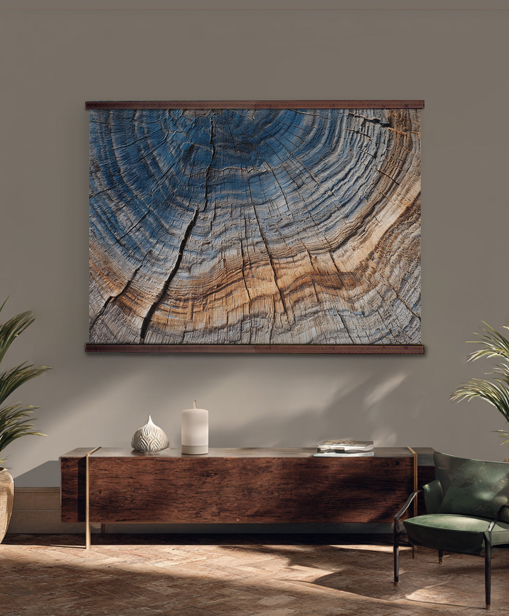 Abstract Tree Rings Wall Art – Blue & Earth Tones Wood Grain Nature Print