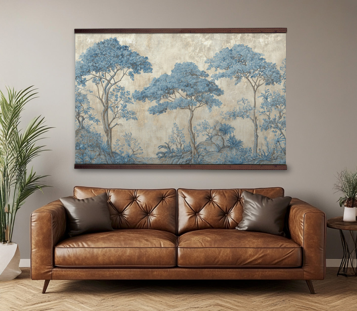 Blue Chinoiserie Forest Wall Art – Vintage Botanical Tapestry