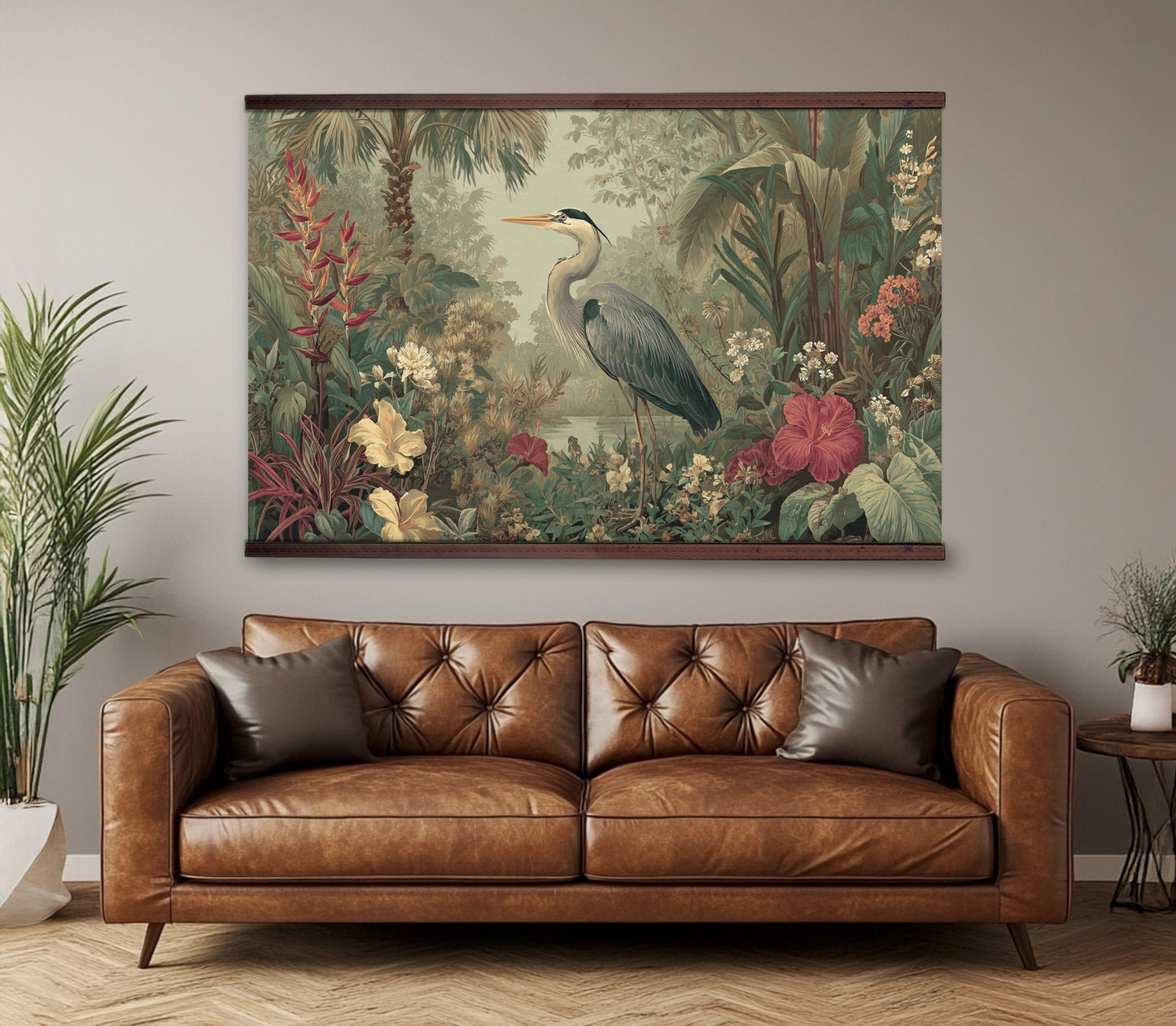 Tropical Heron Wall Hanging — Botanical Jungle Art Tapestry | Extra Large, Ready to Hang