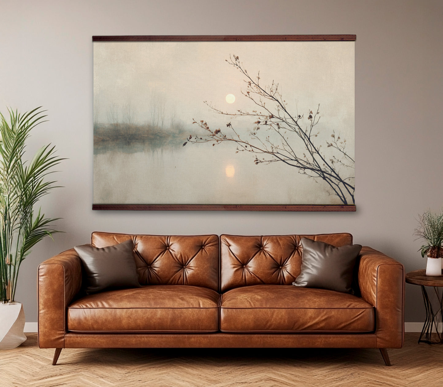 Minimalist Misty Lake Wall Art Canvas with Branches & Moon – Neutral Nature Landscape Artwork