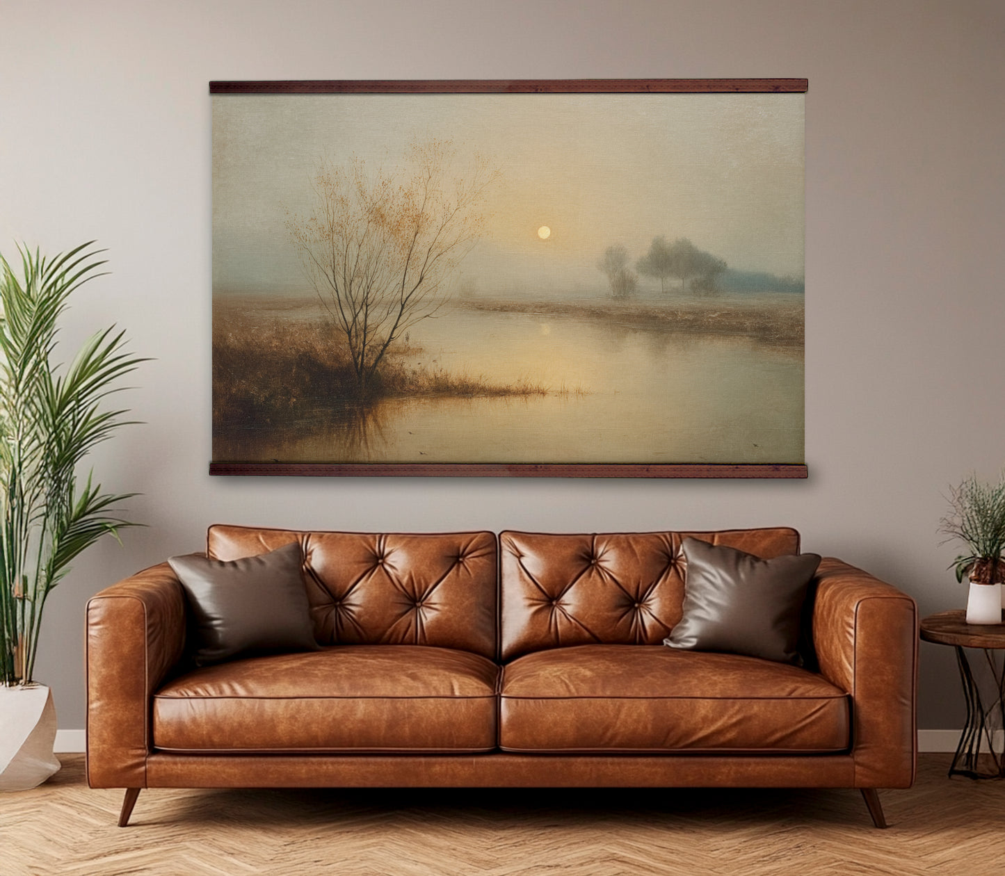 Misty Lake Sunrise Wall Art Canvas – Neutral Landscape with Trees & Water Reflection