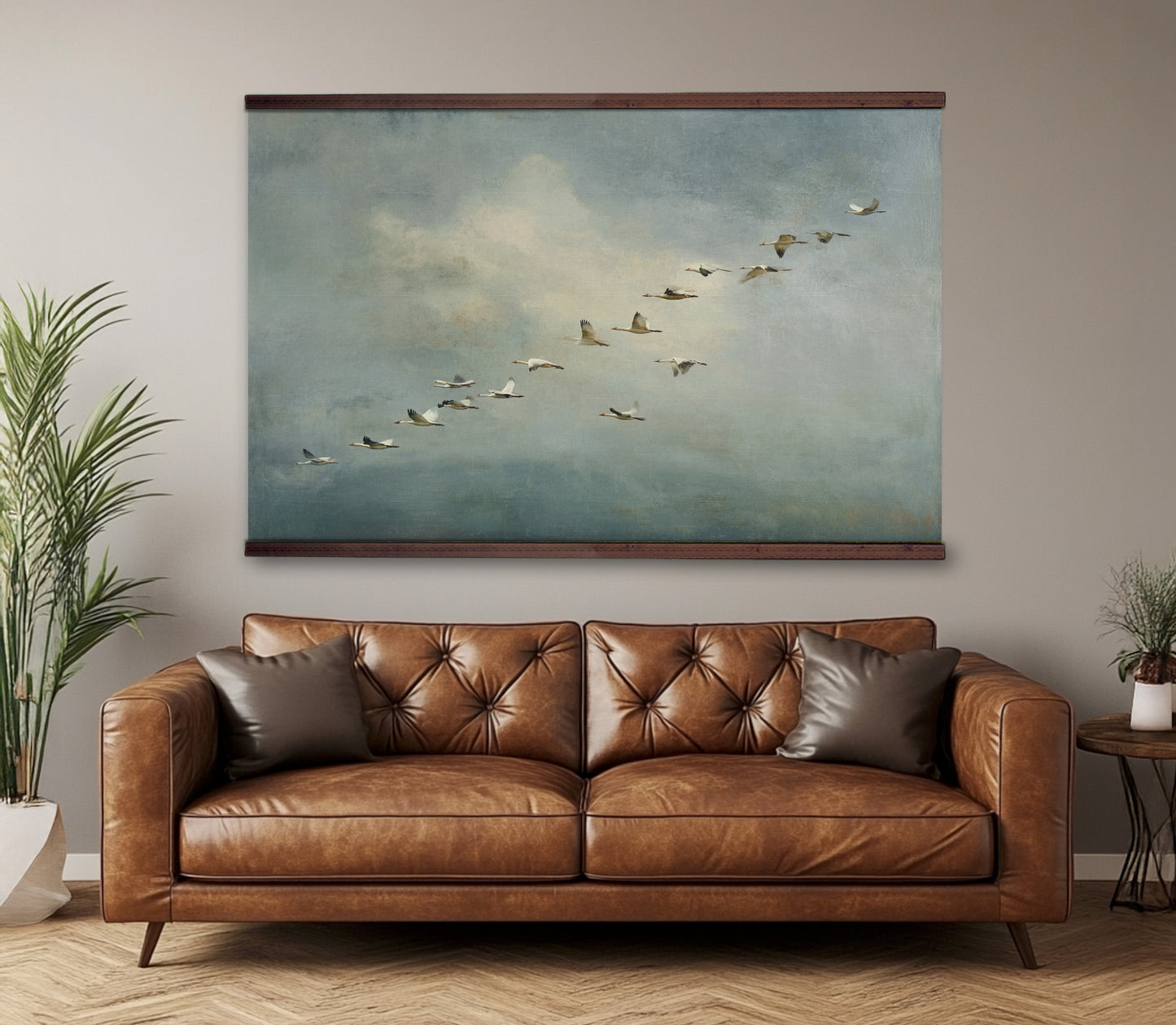 Flying Birds Wall Art – Serene Vintage Sky Landscape Painting in Soft Blue and Neutral Tones