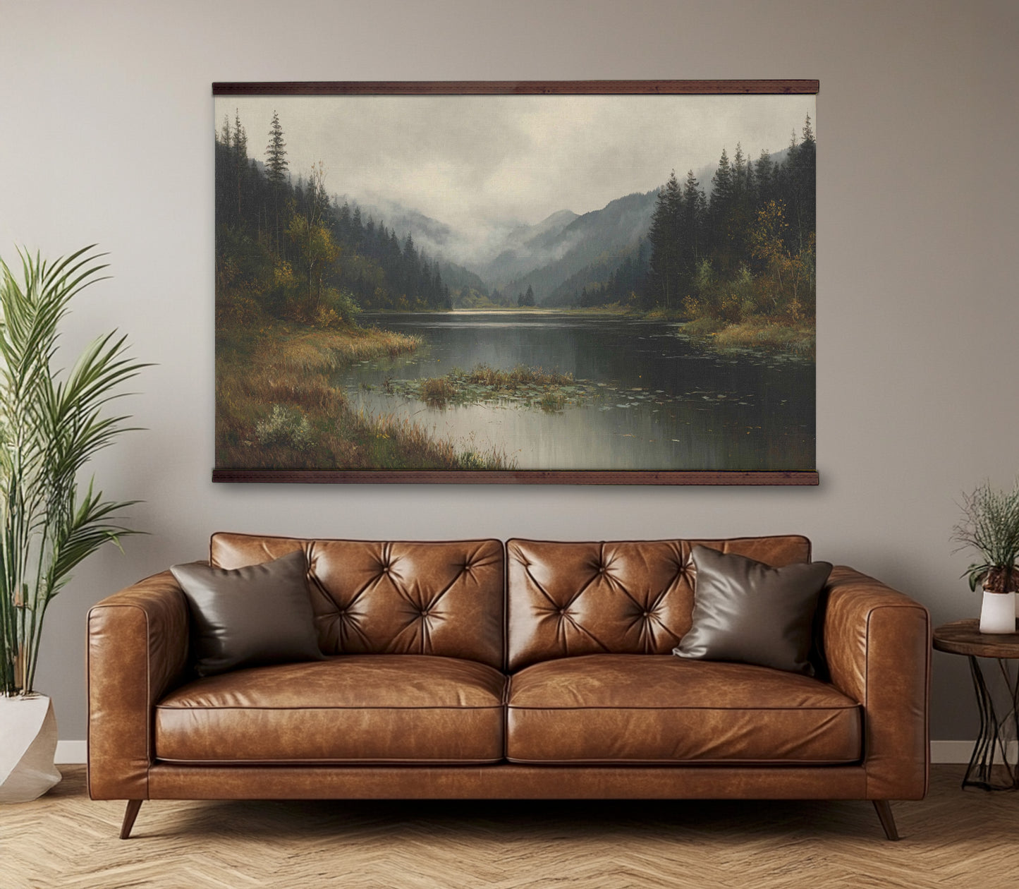 Misty Mountain Lake Wall Hanging — Extra Large Moody Landscape Tapestry | Ready to Hang