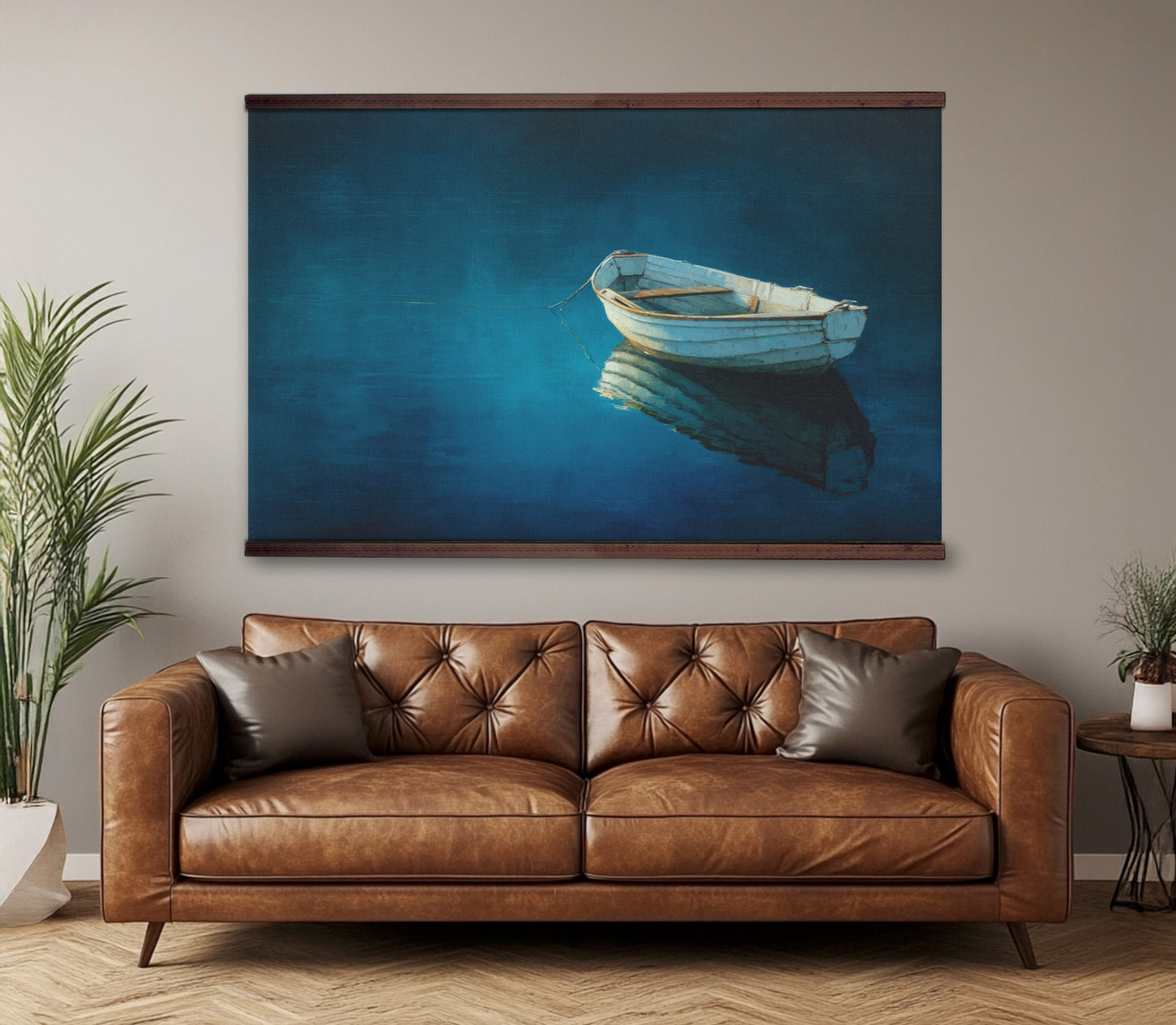 Blue Boat on Water Tapestry – Calm Coastal Wall Art, Minimal Nautical Décor