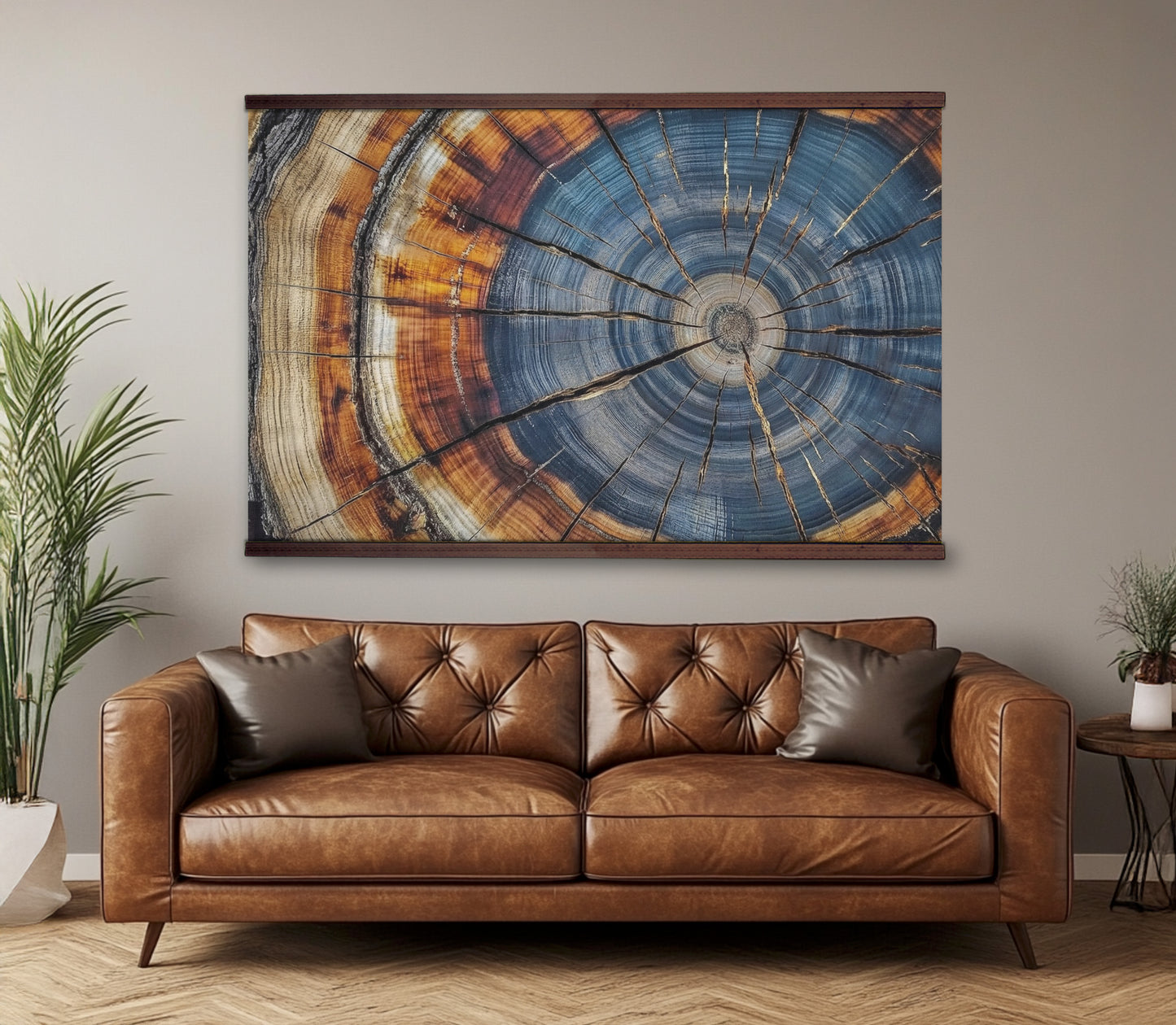 Tree Rings Wall Art – Blue & Amber Wood Grain Abstract Nature Print